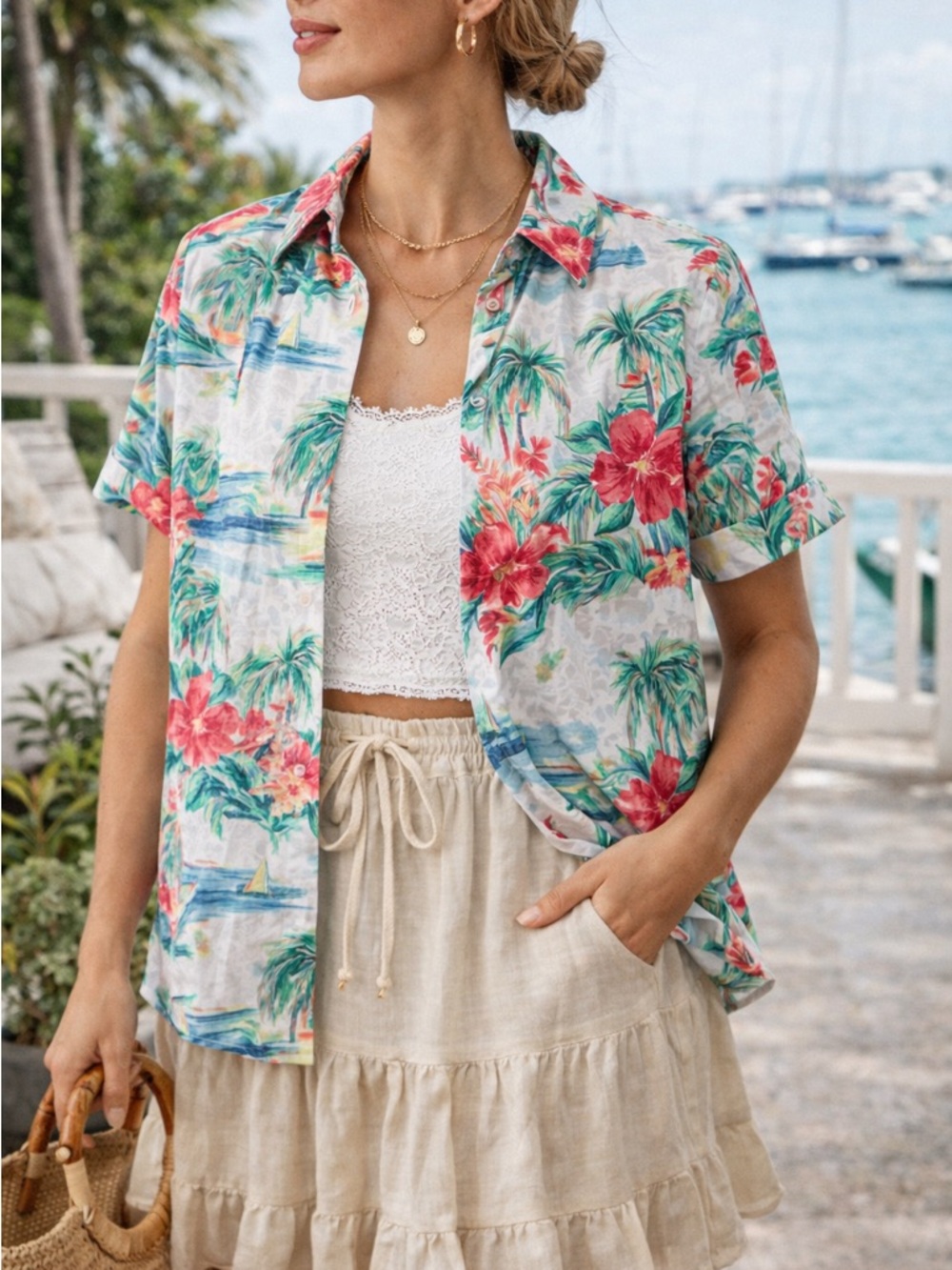 Alfred Dunner Tropical Floral Button Down Shirt Palm Beach Print Medium